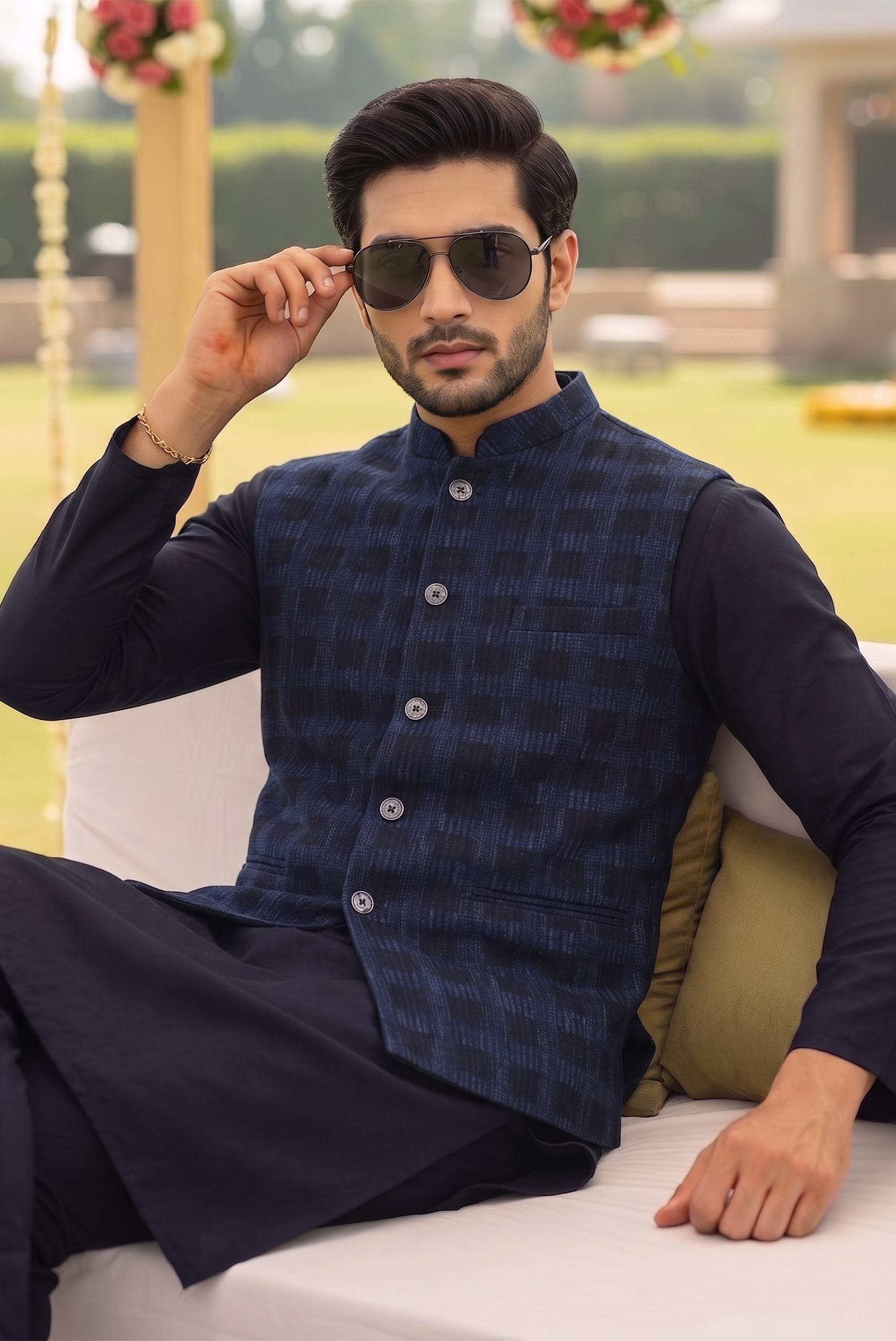Check Blue Black Nehru Jacket