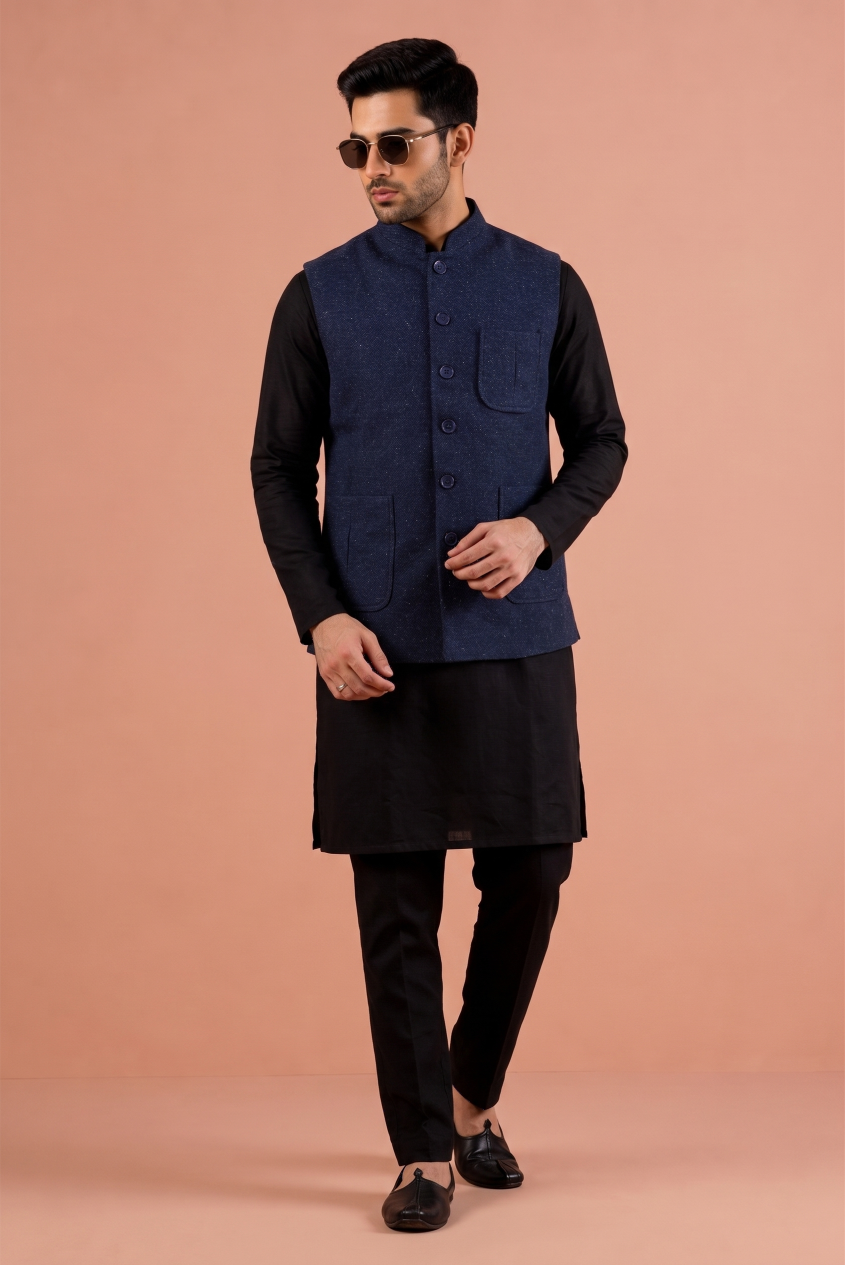 Blue Khadi Nehru Jacket Jacket