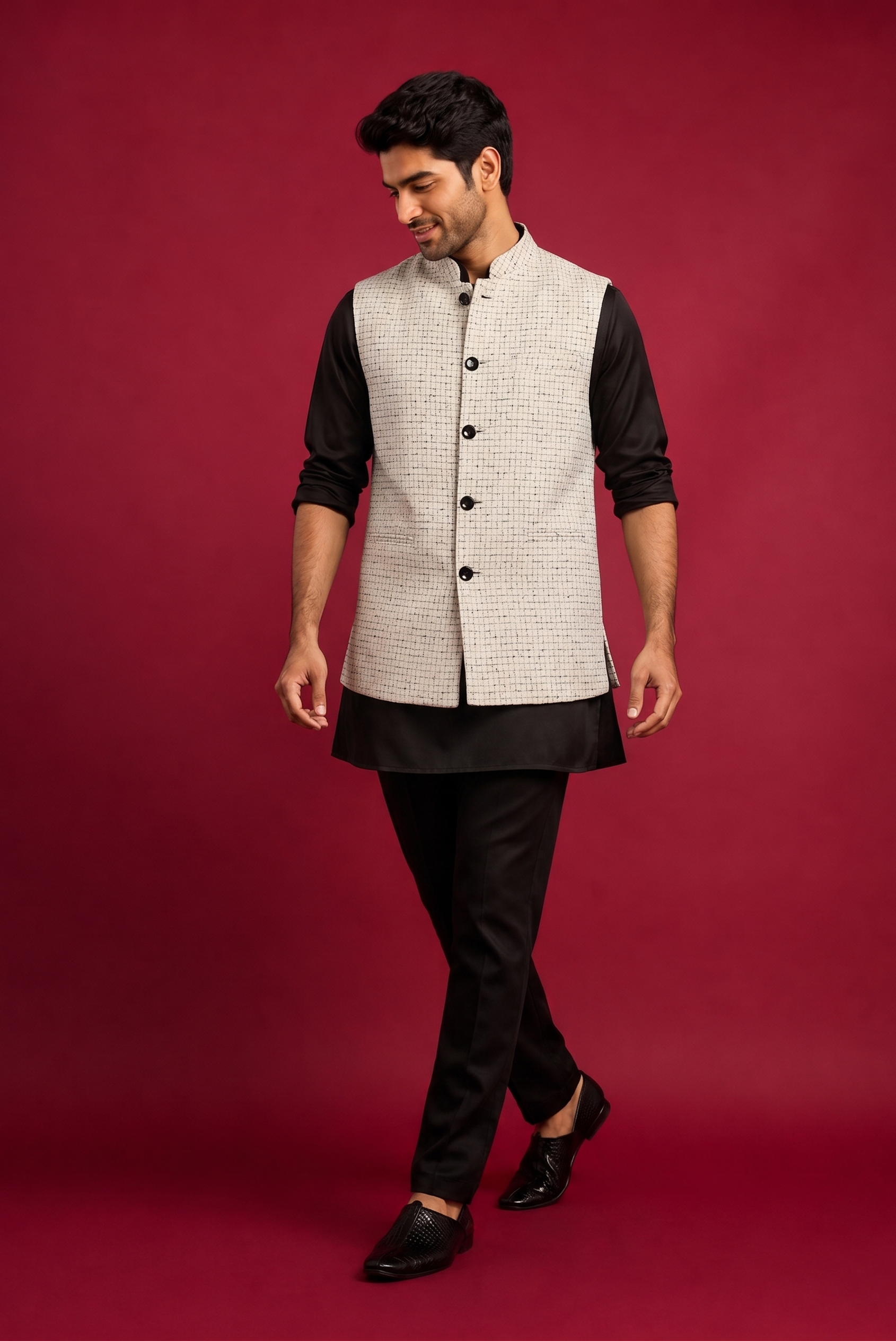 Check white Nehru Jacket