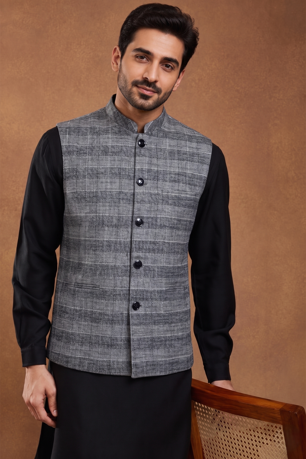 Black & Grey Check Nehru Jacket