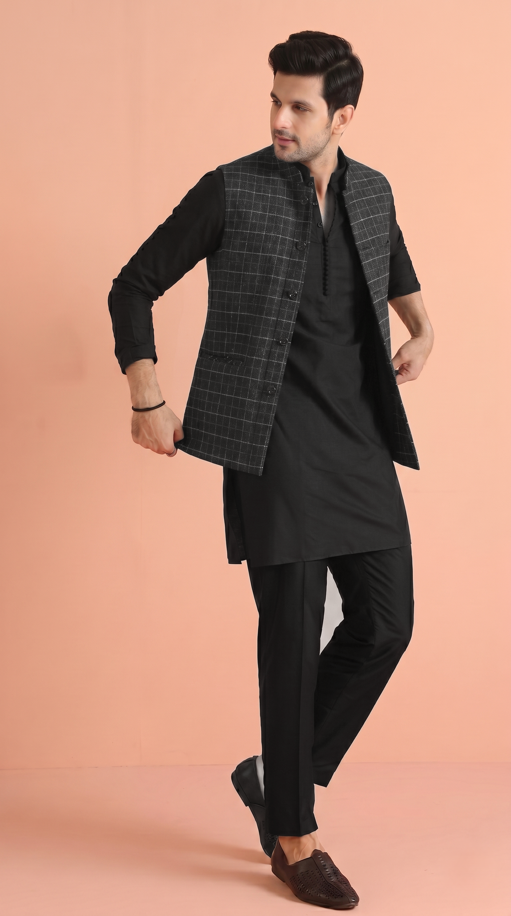 Check black Nehru Jacket