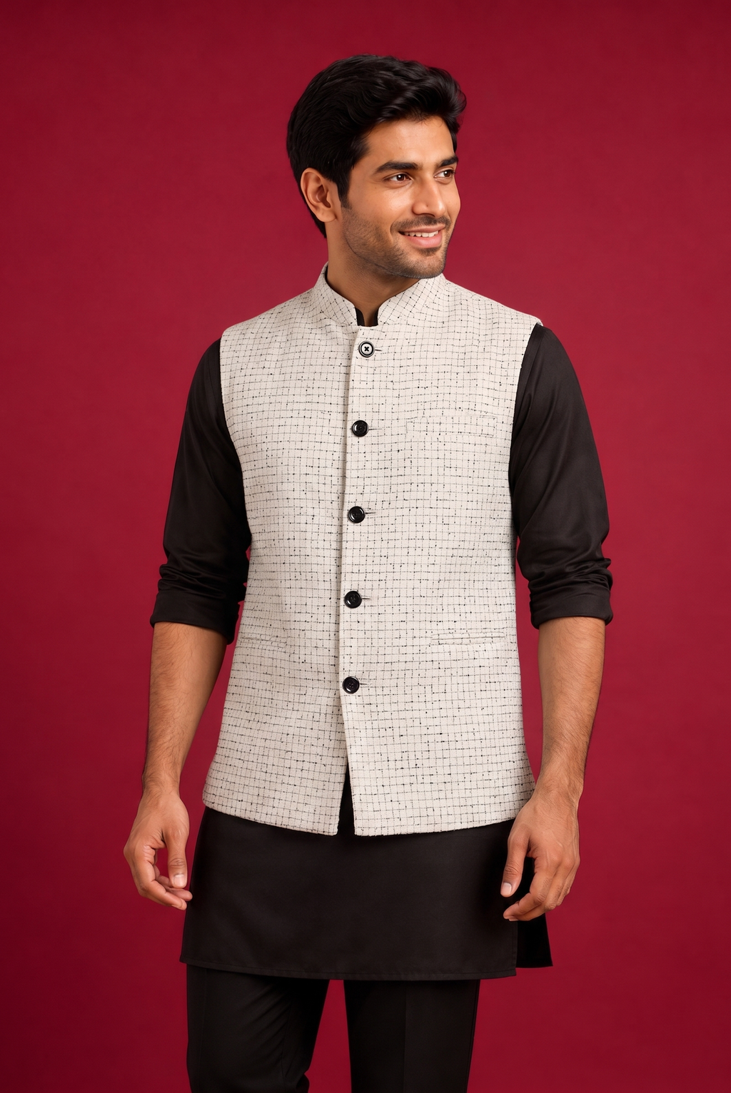 Check white Nehru Jacket