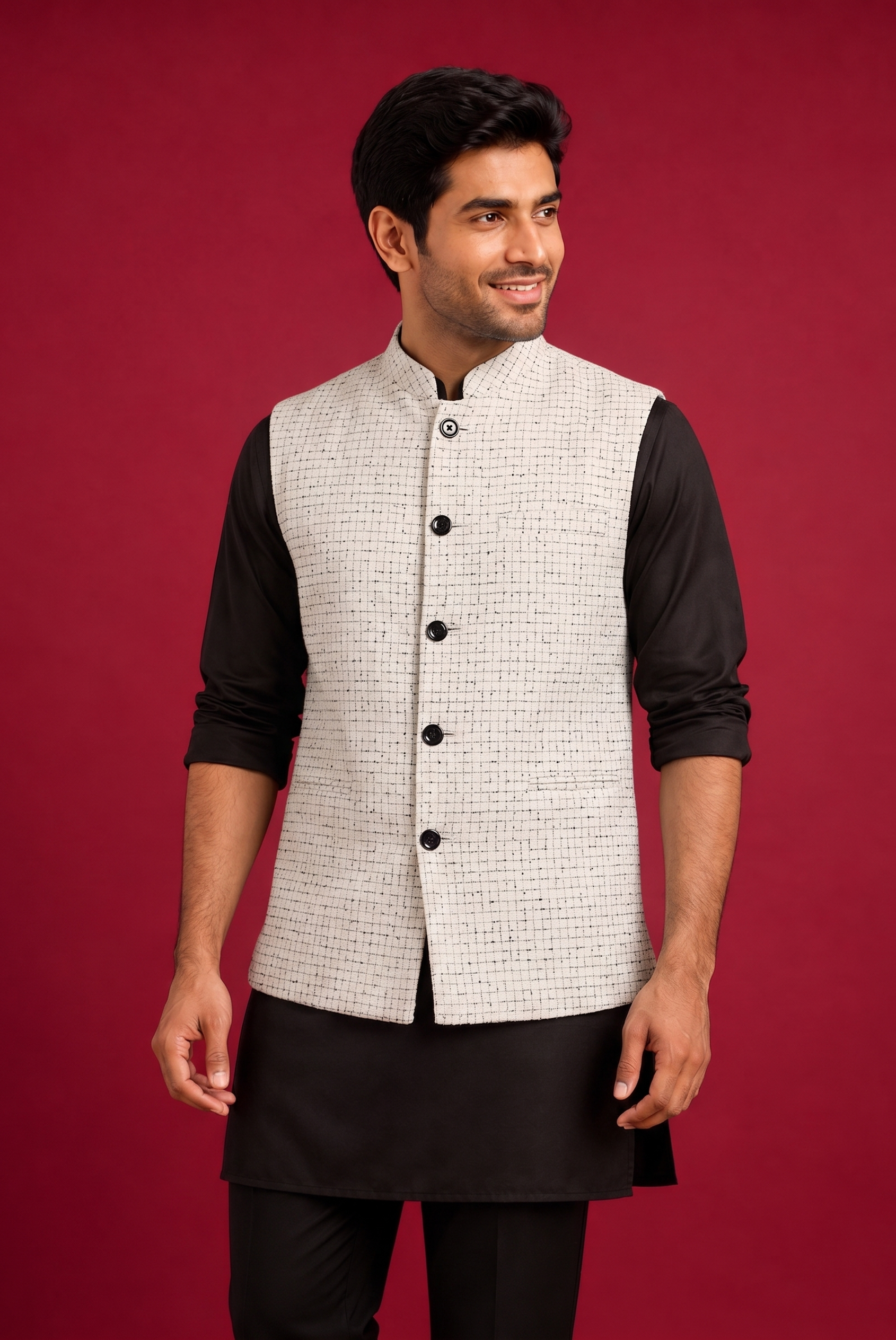 Check white Nehru Jacket