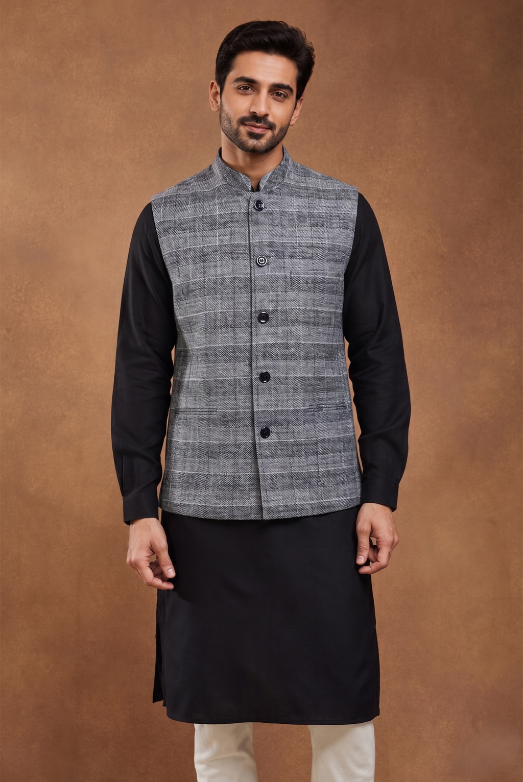 Black & Grey Check Nehru Jacket