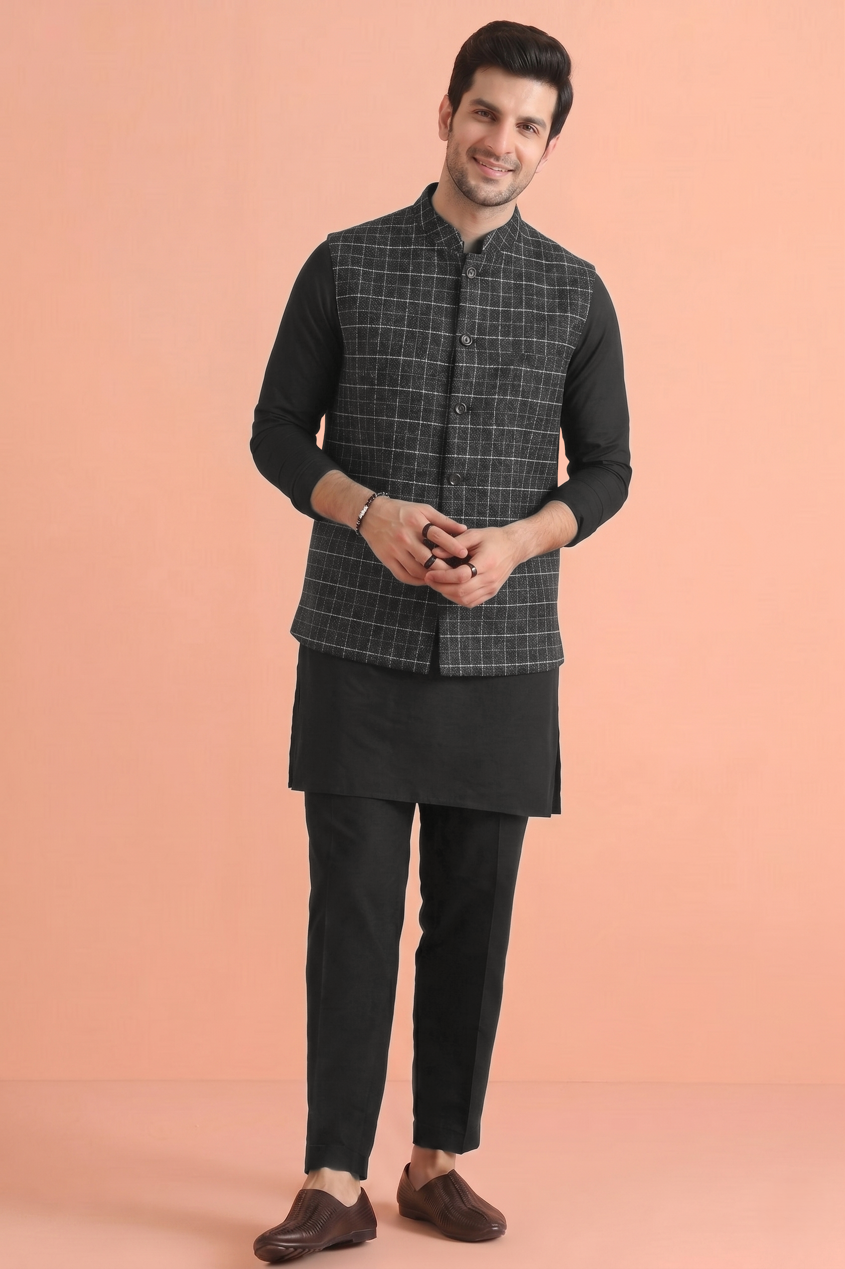 Check black Nehru Jacket