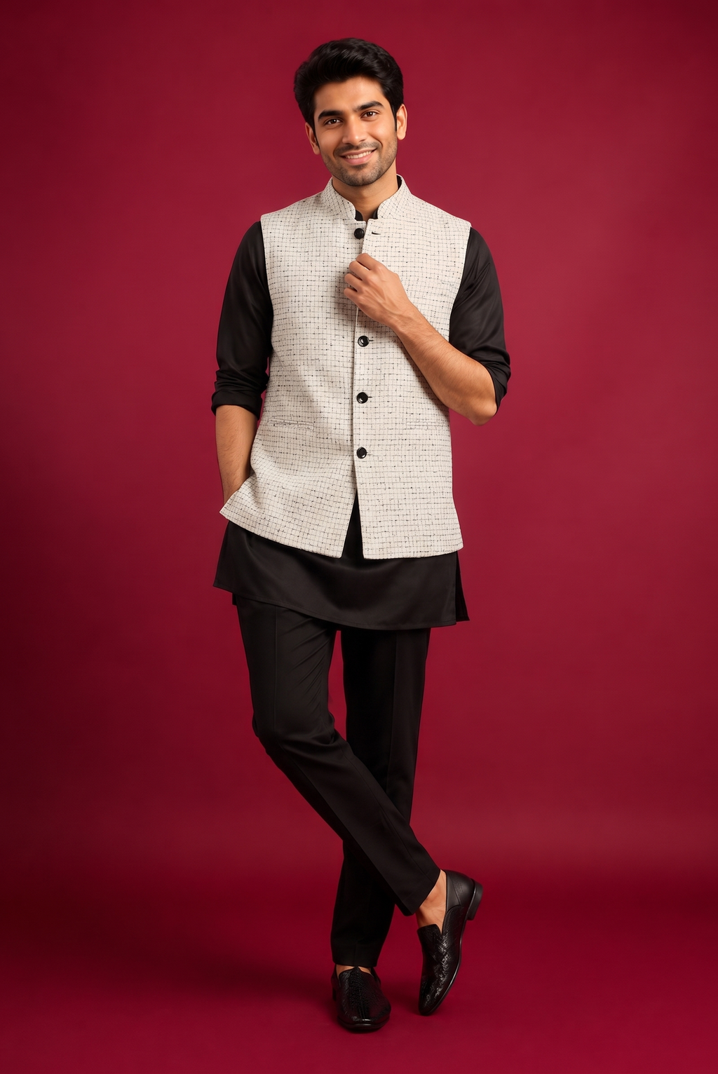Check white Nehru Jacket