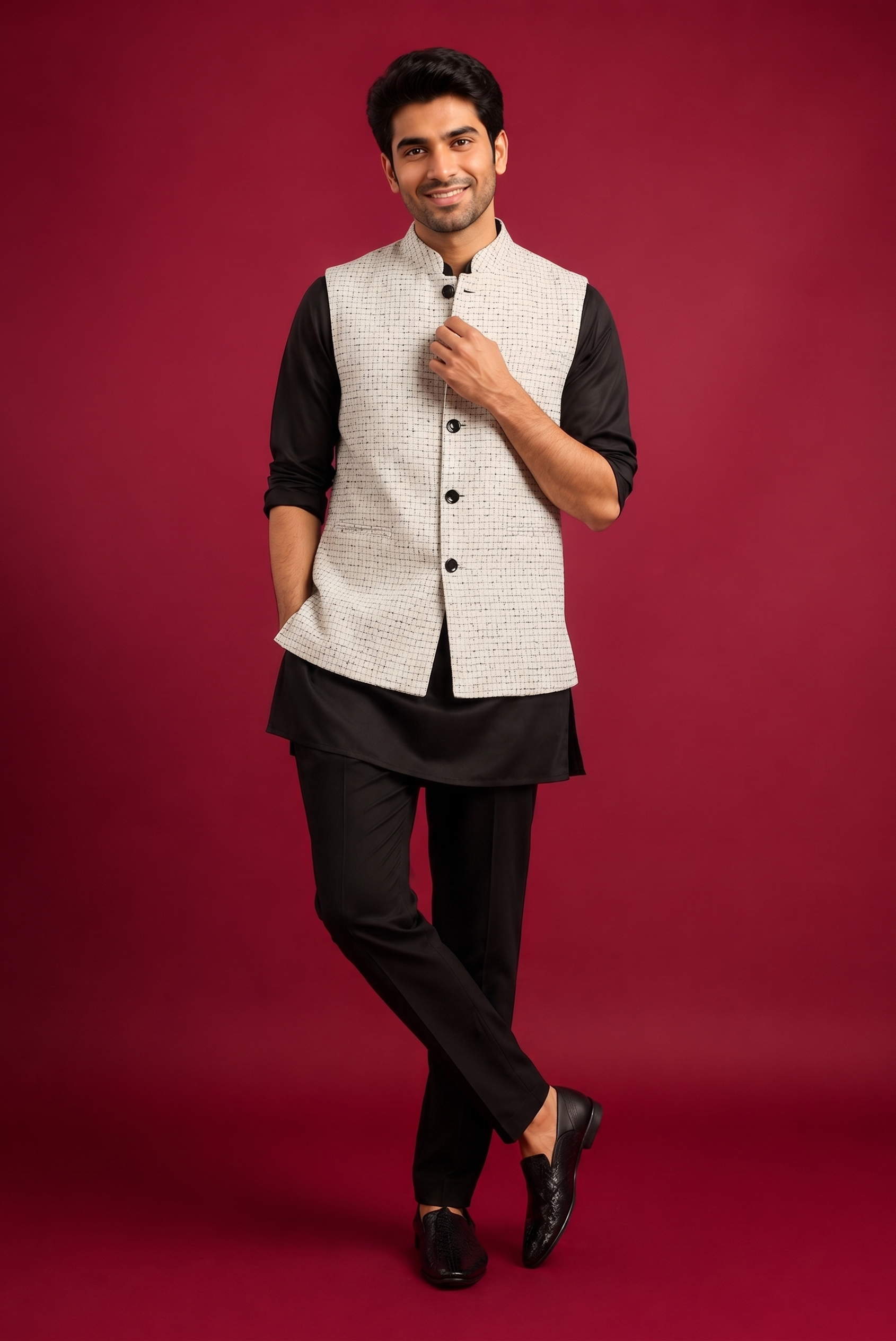 Check white Nehru Jacket