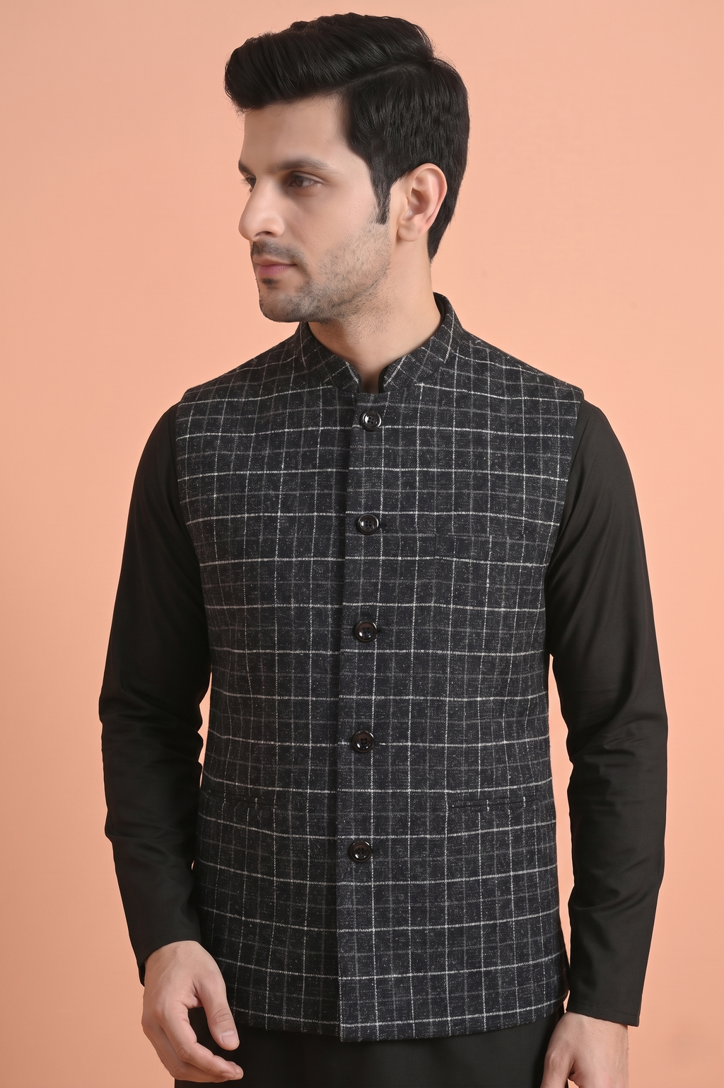 Check black Nehru Jacket
