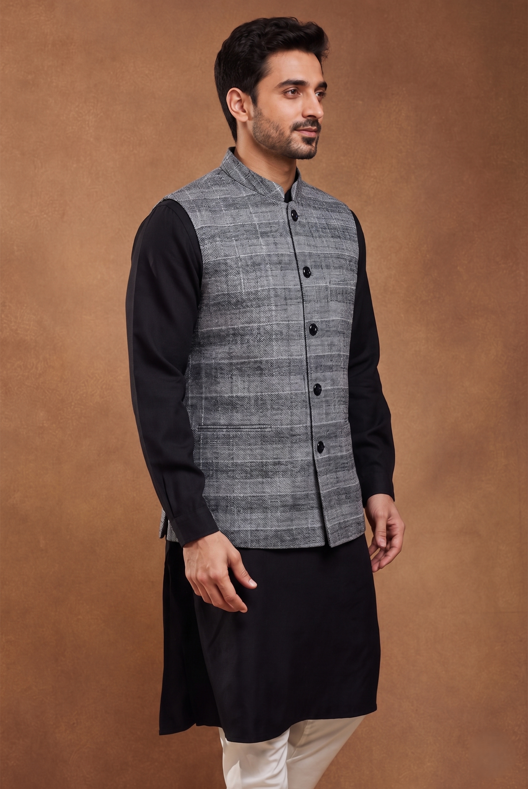 Black & Grey Check Nehru Jacket