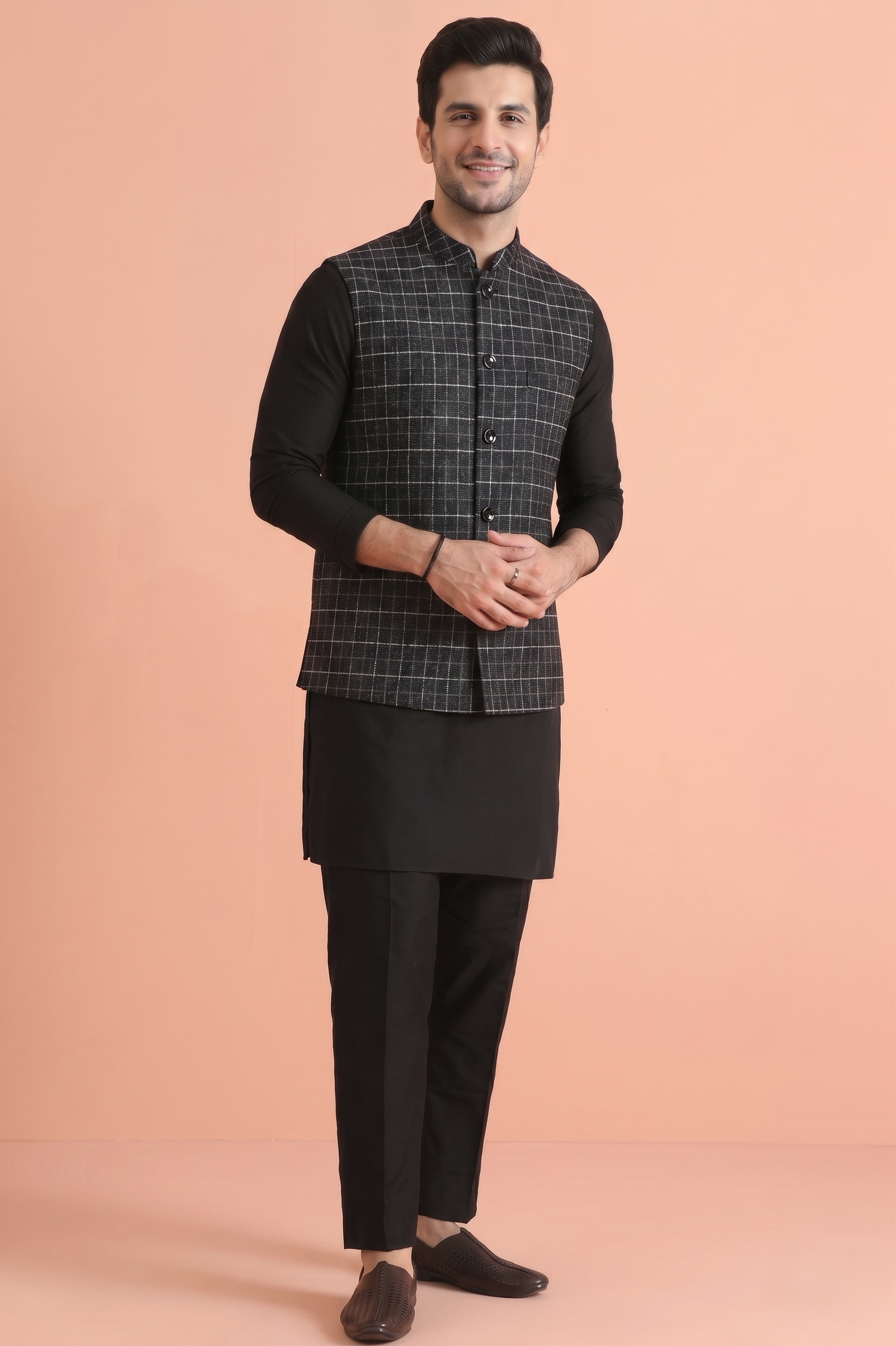 Check black Nehru Jacket