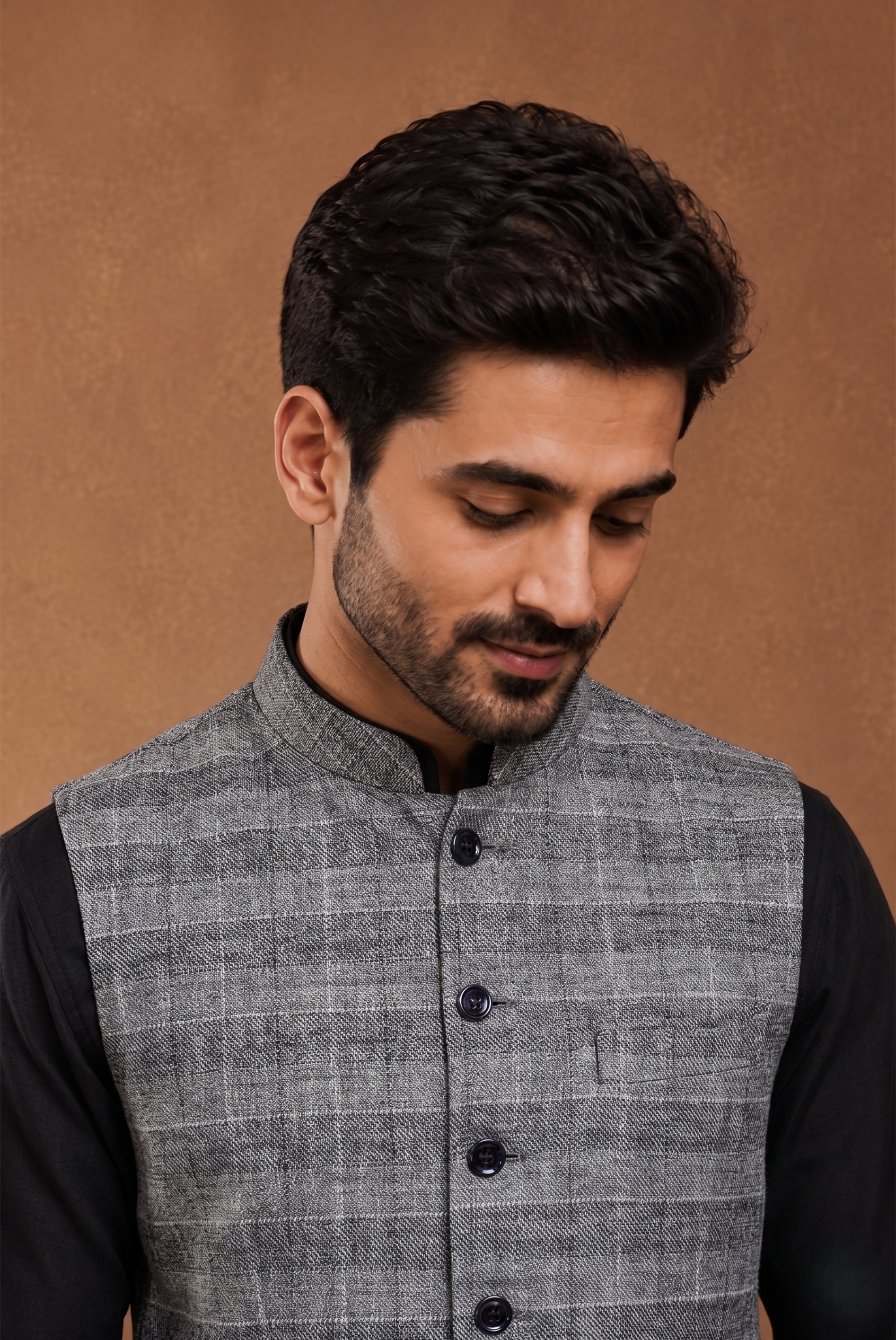 Black & Grey Check Nehru Jacket