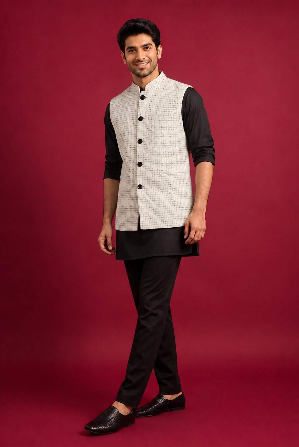Check white Nehru Jacket