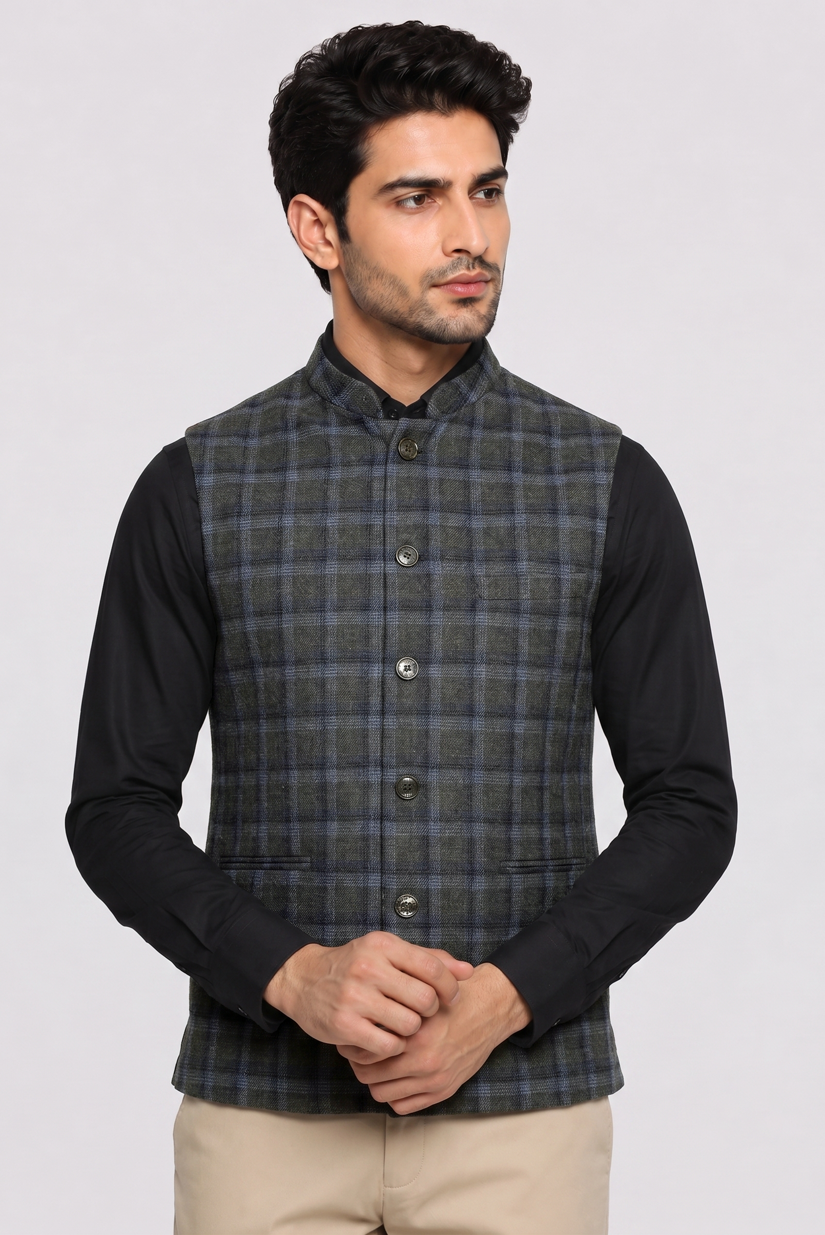 Grey green Check Nehru Jacket