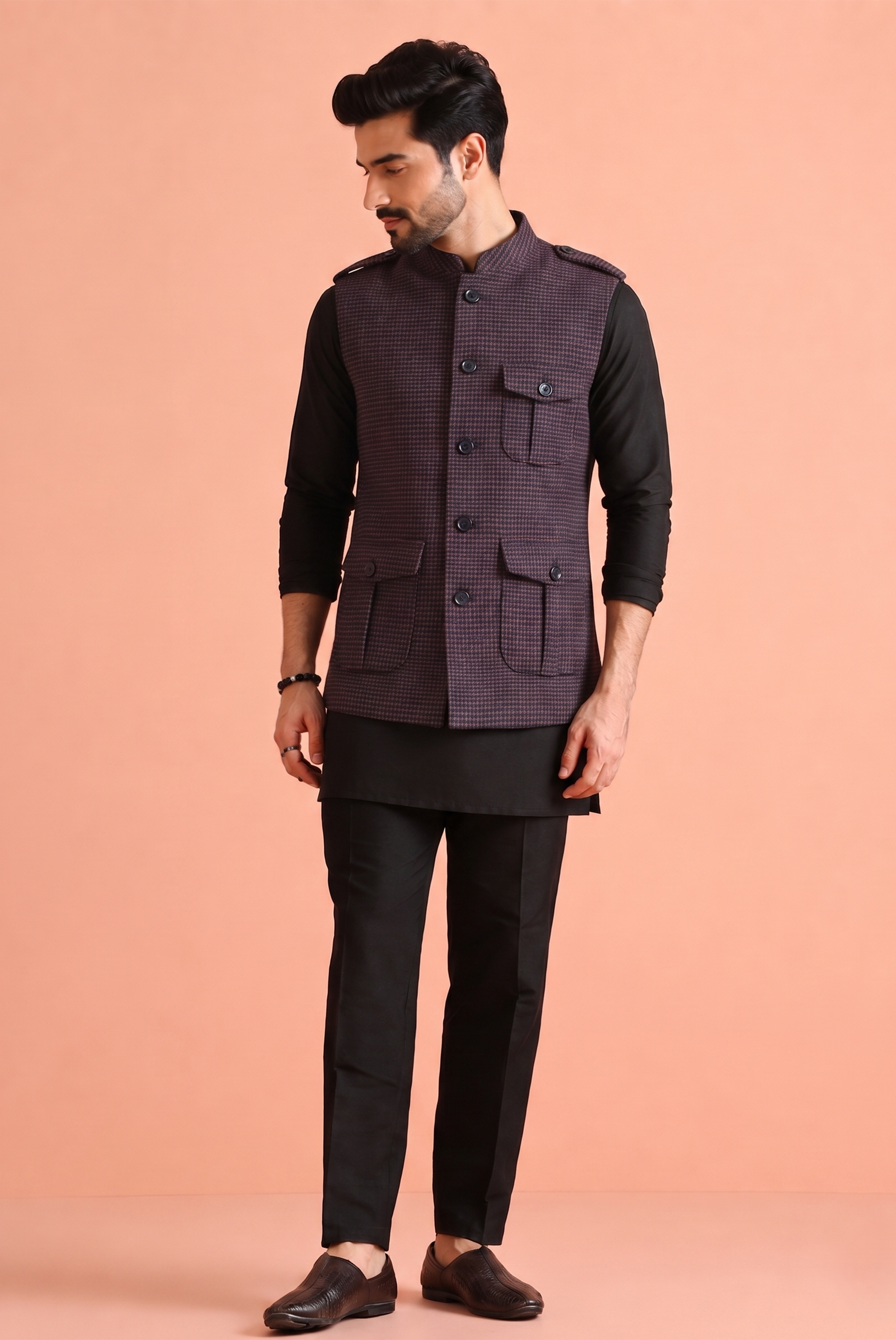 Wine Check Nehru Jacket
