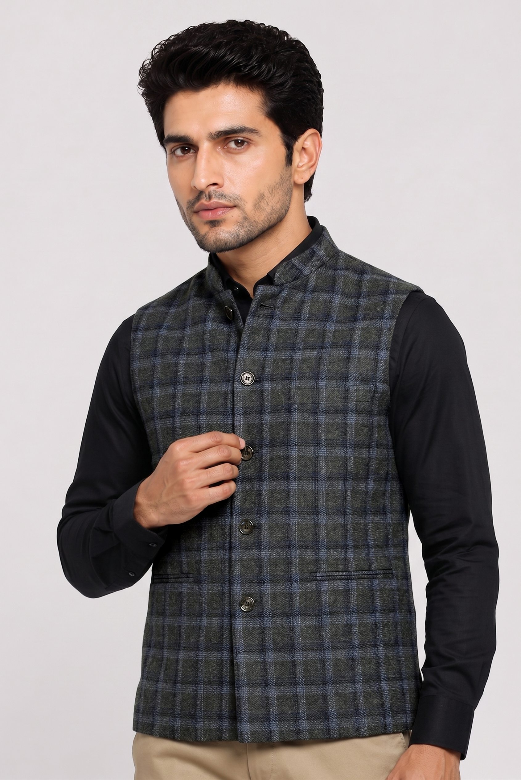 Grey green Check Nehru Jacket