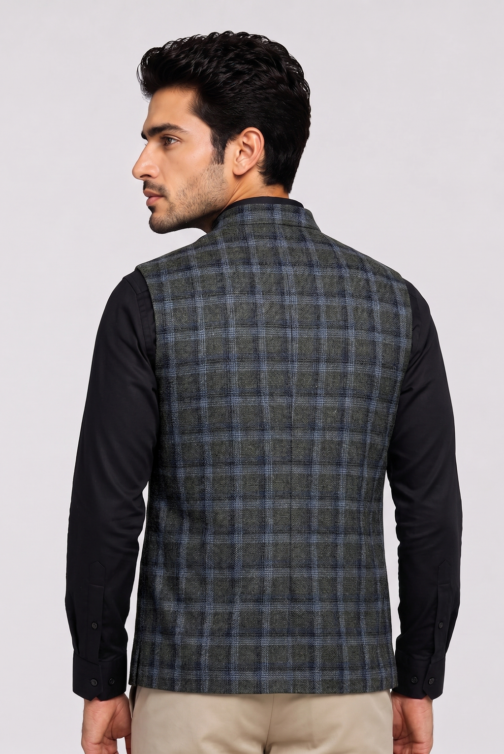 Grey green Check Nehru Jacket