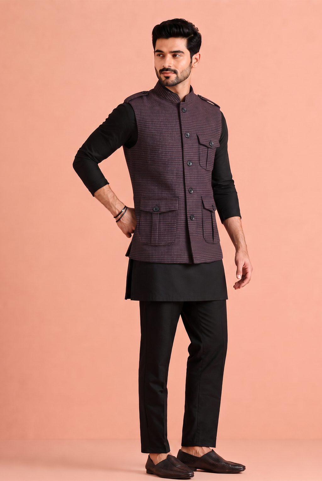 Wine Check Nehru Jacket