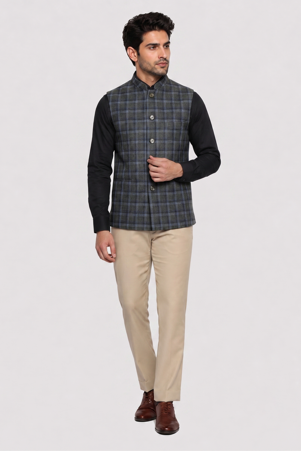 Grey green Check Nehru Jacket