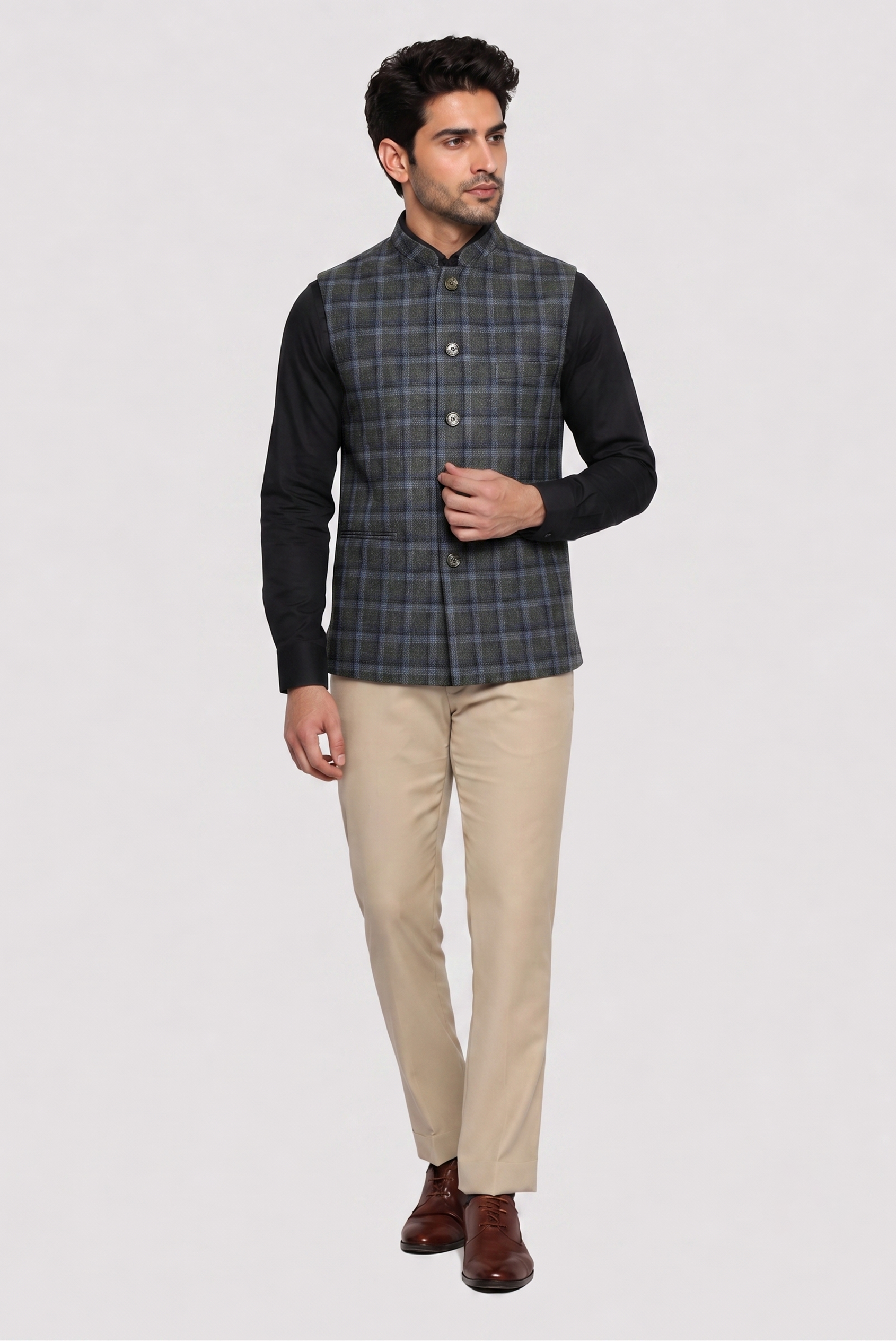 Grey green Check Nehru Jacket